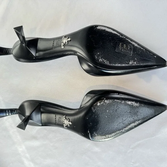 Prada Slingback Stiletto Ankle Strap Logo Accent Black Pointed Toe Leather 37.5 - Picture 11 of 14